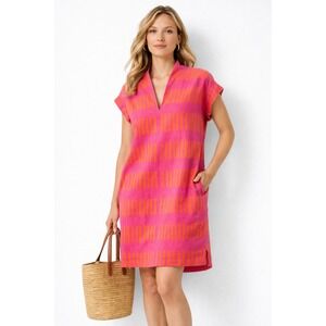 Brooke Wright Pink Orange Linen Tunic Dress‎ L Shift V Neck Pockets Summer